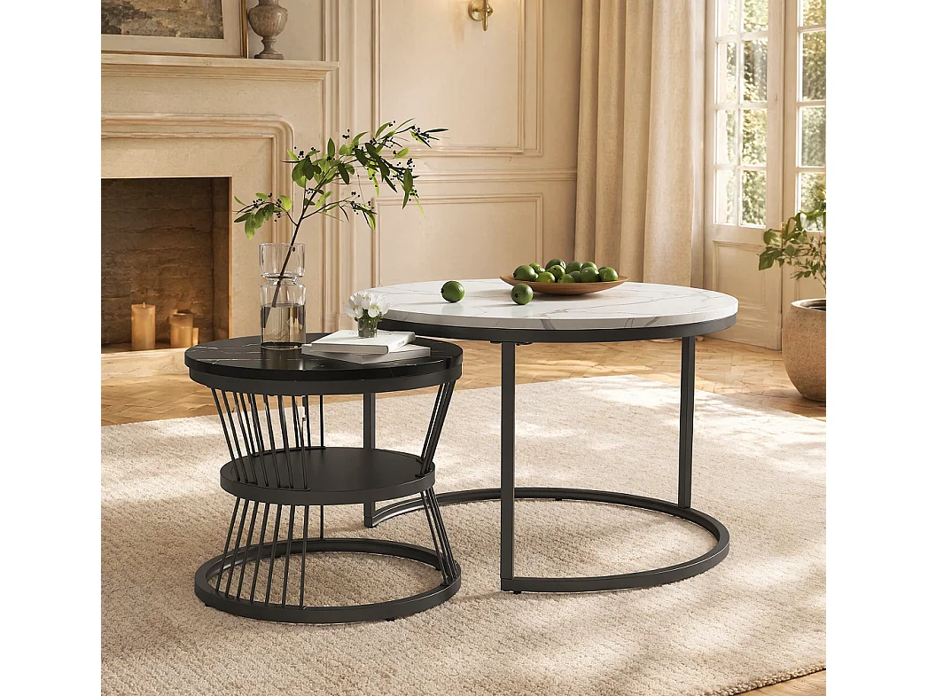Rundes Nesting Couchtisch-Set - 70 cm + 45 cm - Weiß und Schwarz Marmoreffekt