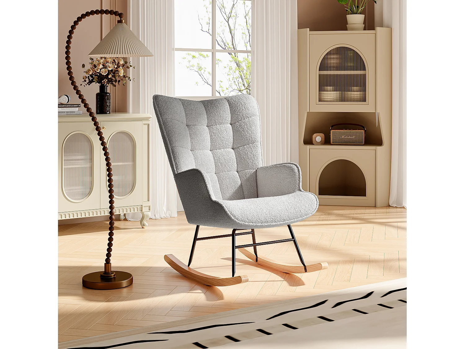 Fauteuil à bascule en tissu teddy capitonné, structure métal noir et pieds en bois - Gris clair