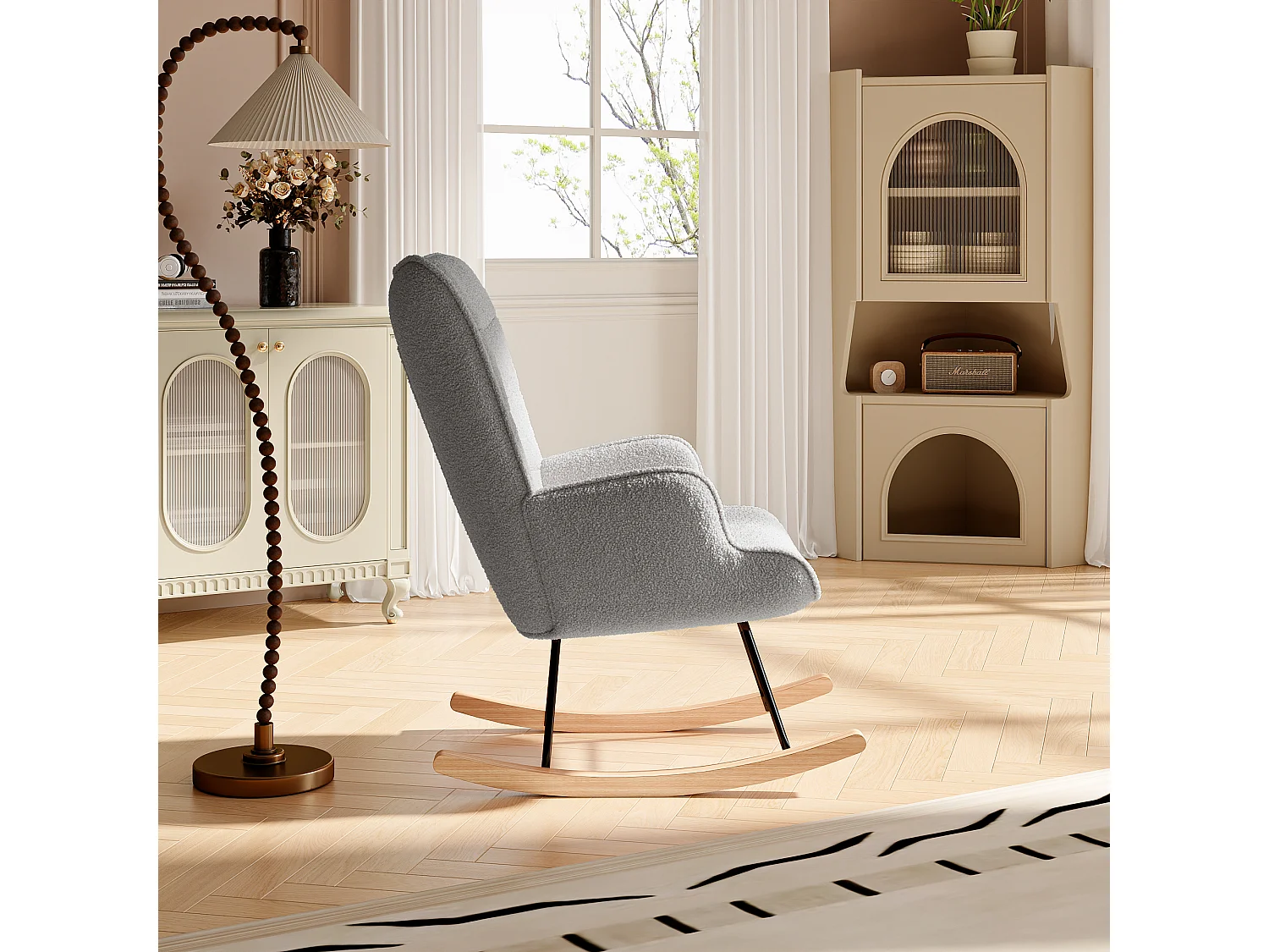 Fauteuil à bascule en tissu teddy capitonné, structure métal noir et pieds en bois - Gris clair