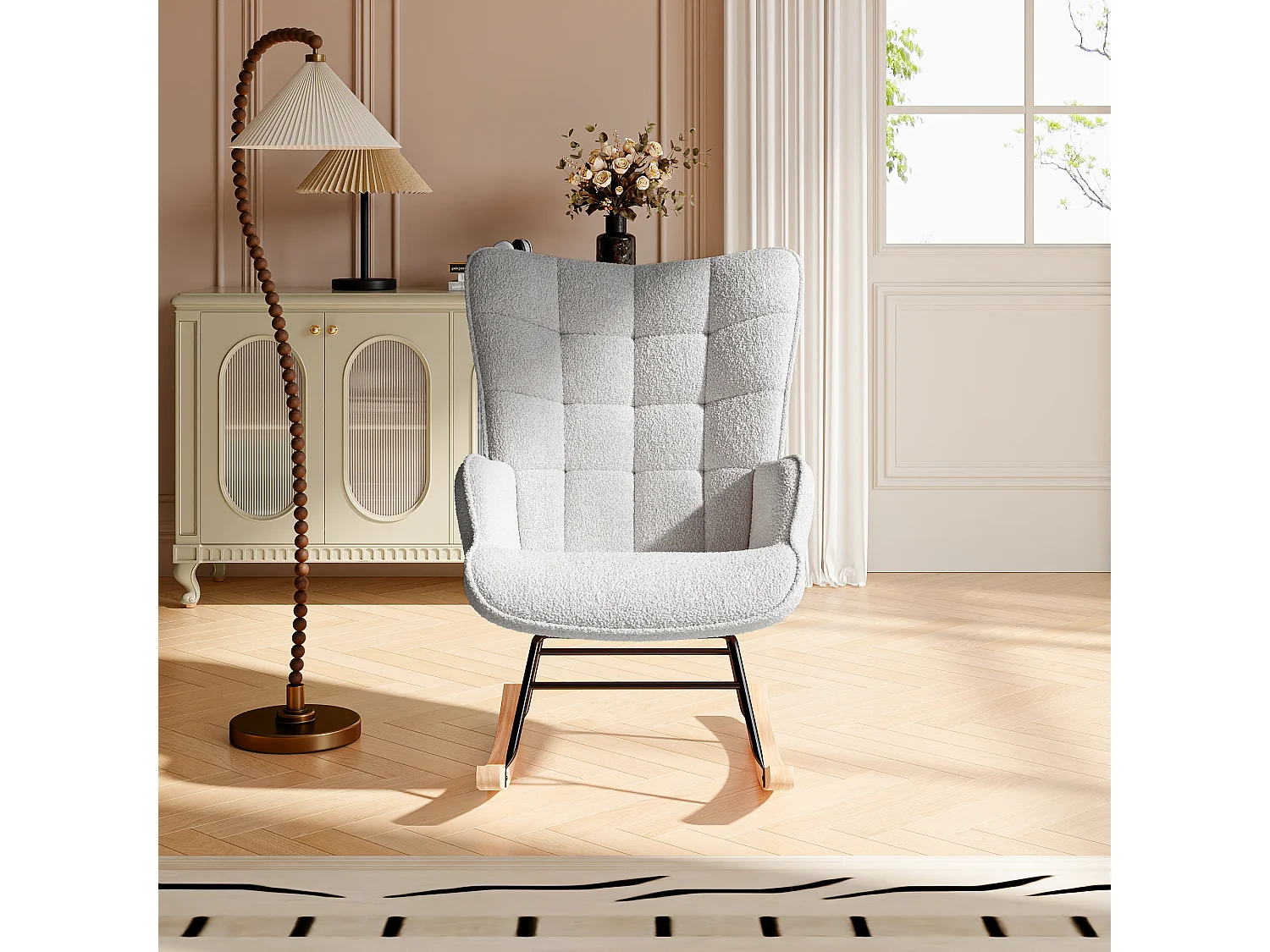 Fauteuil à bascule en tissu teddy capitonné, structure métal noir et pieds en bois - Gris clair
