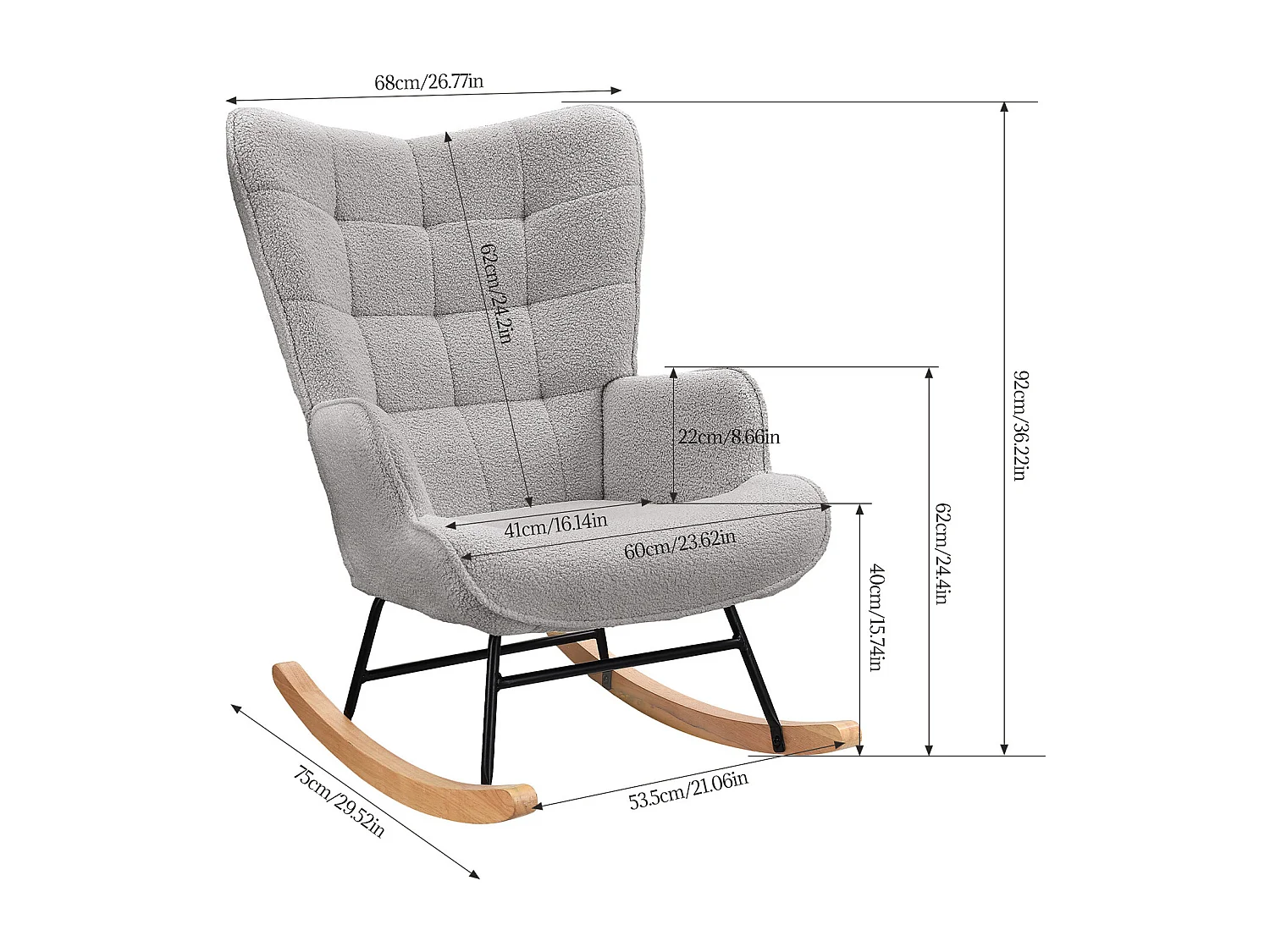 Fauteuil à bascule en tissu teddy capitonné, structure métal noir et pieds en bois - Gris clair