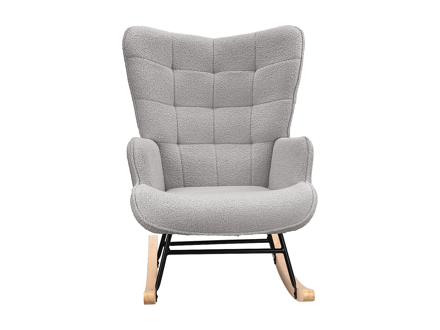 Fauteuil à bascule en tissu teddy capitonné, structure métal noir et pieds en bois - Gris clair