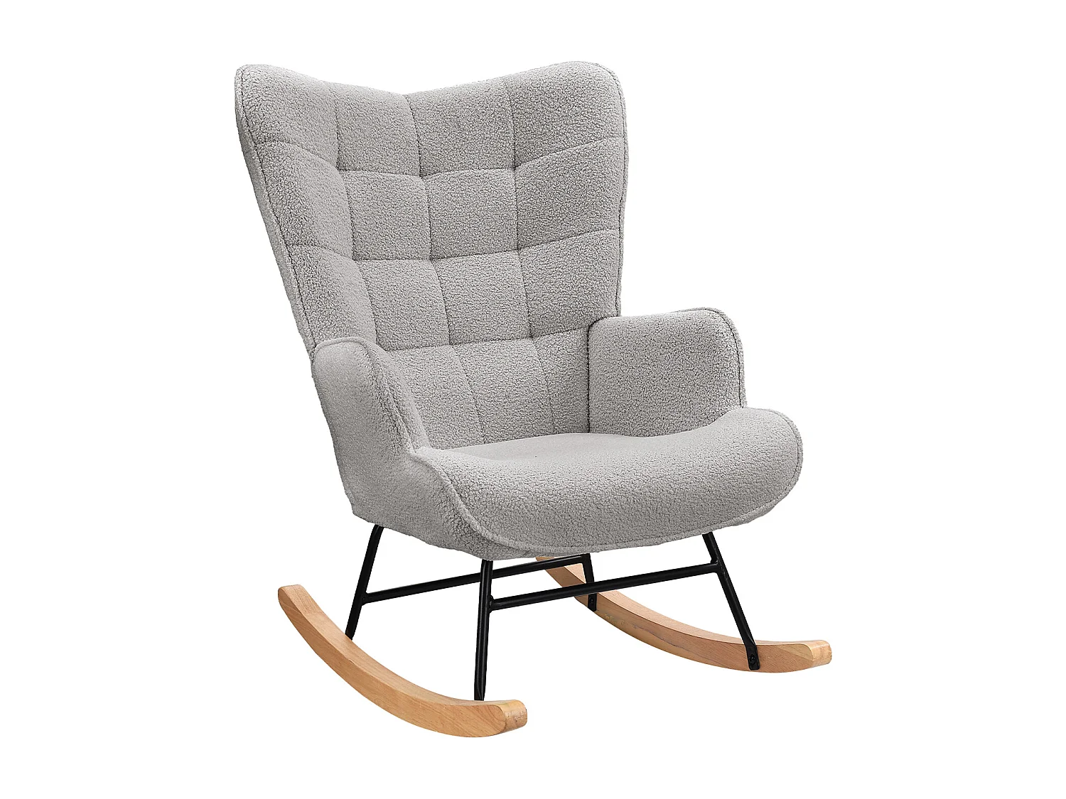 Fauteuil à bascule en tissu teddy capitonné, structure métal noir et pieds en bois - Gris clair
