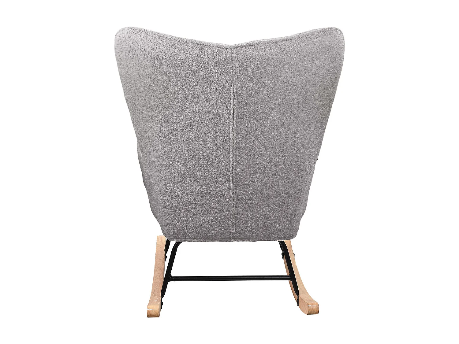 Fauteuil à bascule en tissu teddy capitonné, structure métal noir et pieds en bois - Gris clair