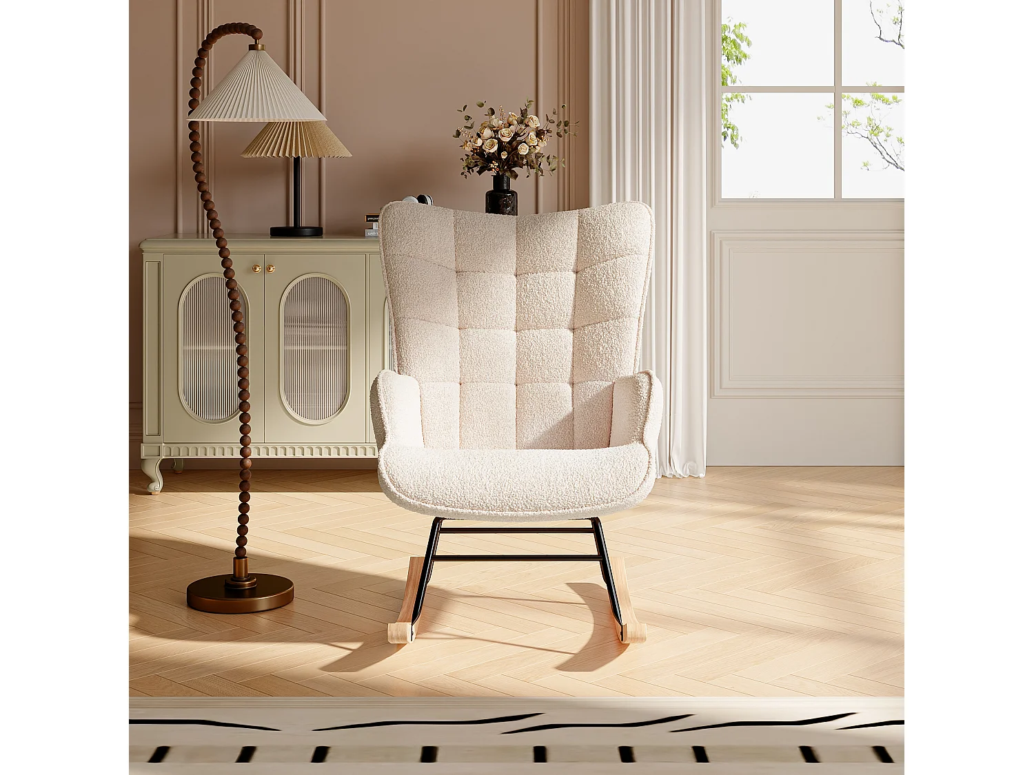Chaise à bascule-fauteuil-fauteuil avec haut dossier-Teddy velours tissu relaxant chaise-pour chambre salon-Beige