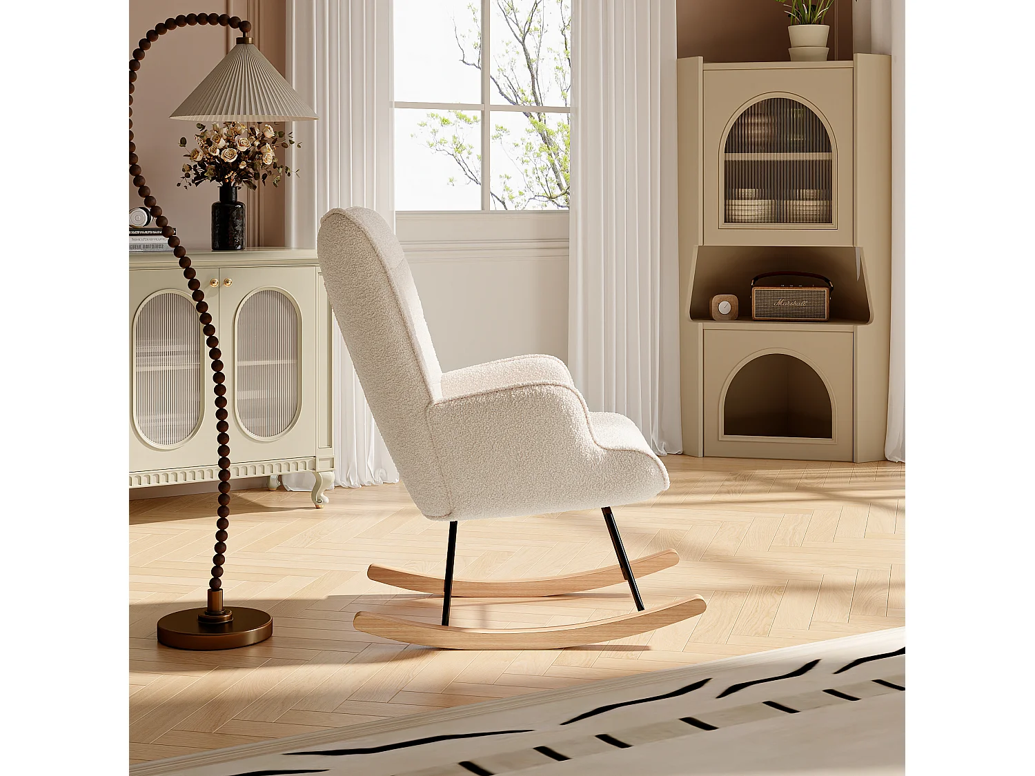 Chaise à bascule-fauteuil-fauteuil avec haut dossier-Teddy velours tissu relaxant chaise-pour chambre salon-Beige