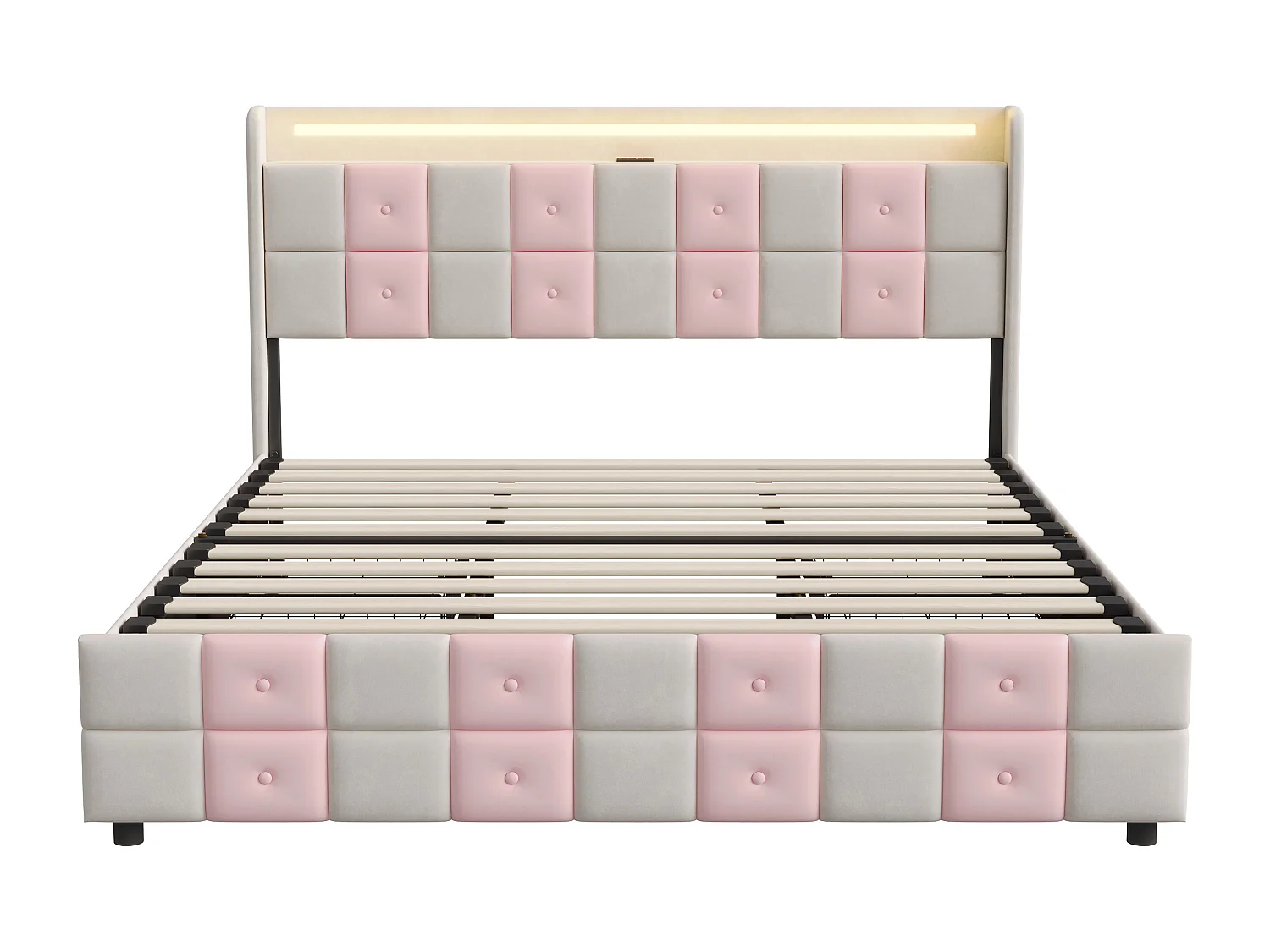 Cadre De Lit Capitonné Carreaux - Éclairage LED RGB - Ports USB De Recharge - Tiroirs De Rangement Spacieux - 160x200