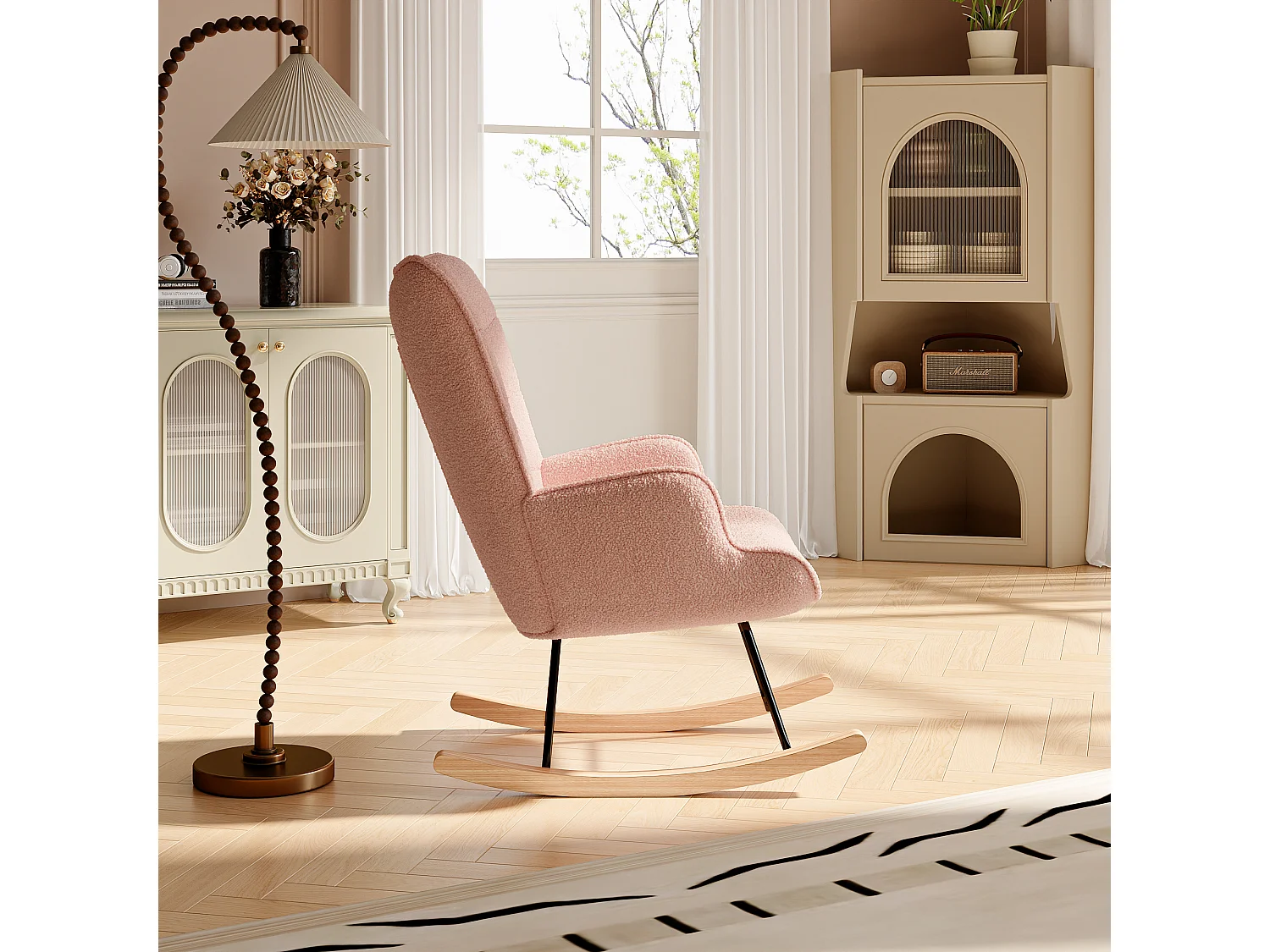 Fauteuil à bascule en tissu teddy capitonné, structure métal noir et pieds en bois - rose
