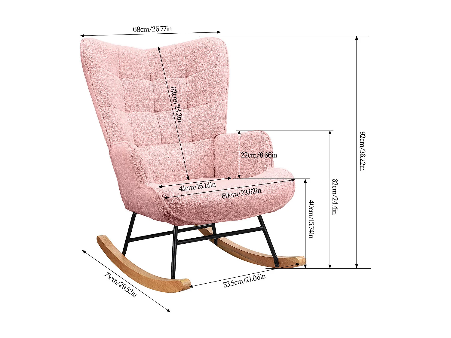 Fauteuil à bascule en tissu teddy capitonné, structure métal noir et pieds en bois - rose