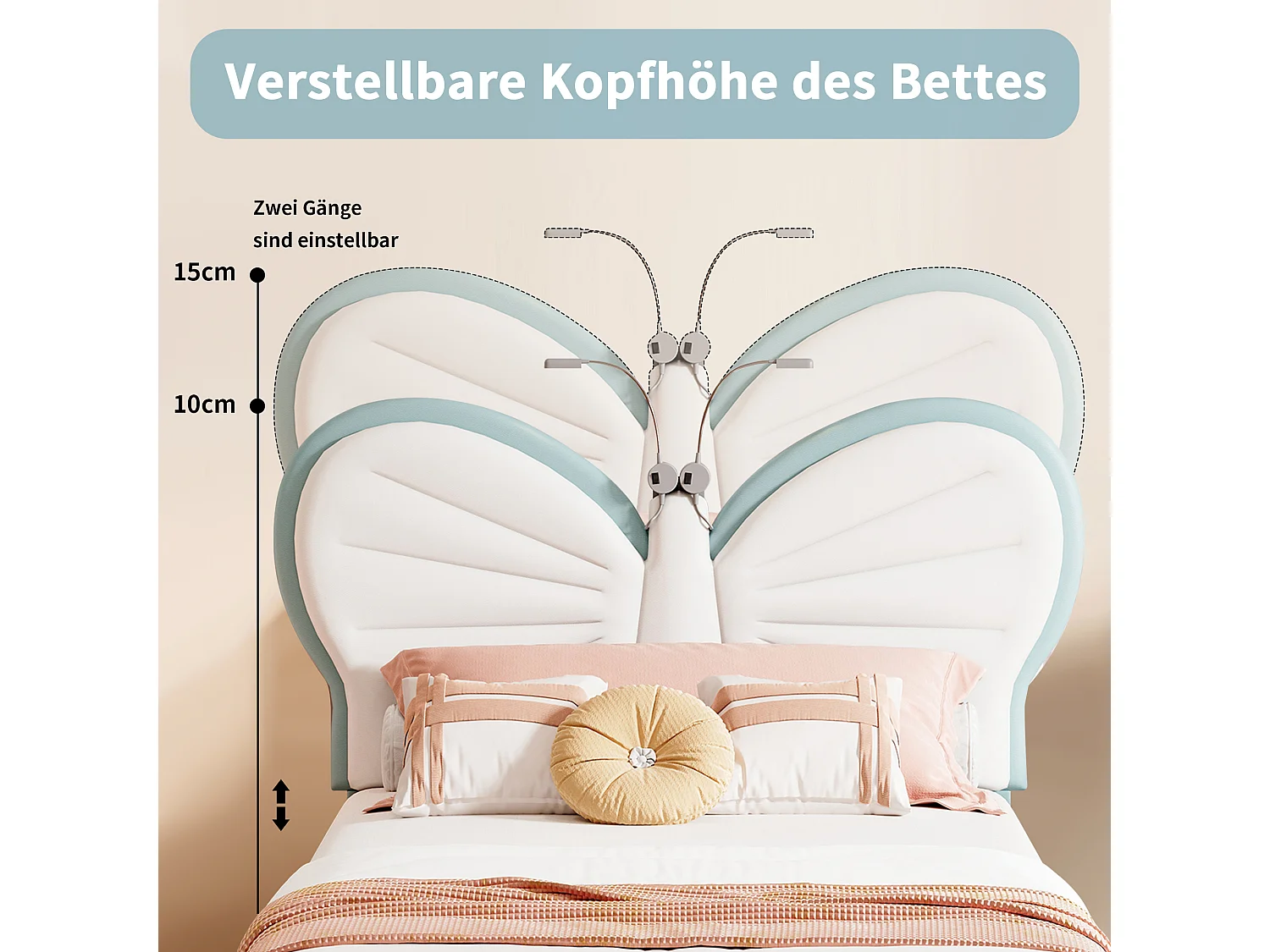 Papillon en forme de tête d'enfant lits avec LED lumières de lecture-90x200cm hauteur réglable PU cuir lit cadre-bleu blanc