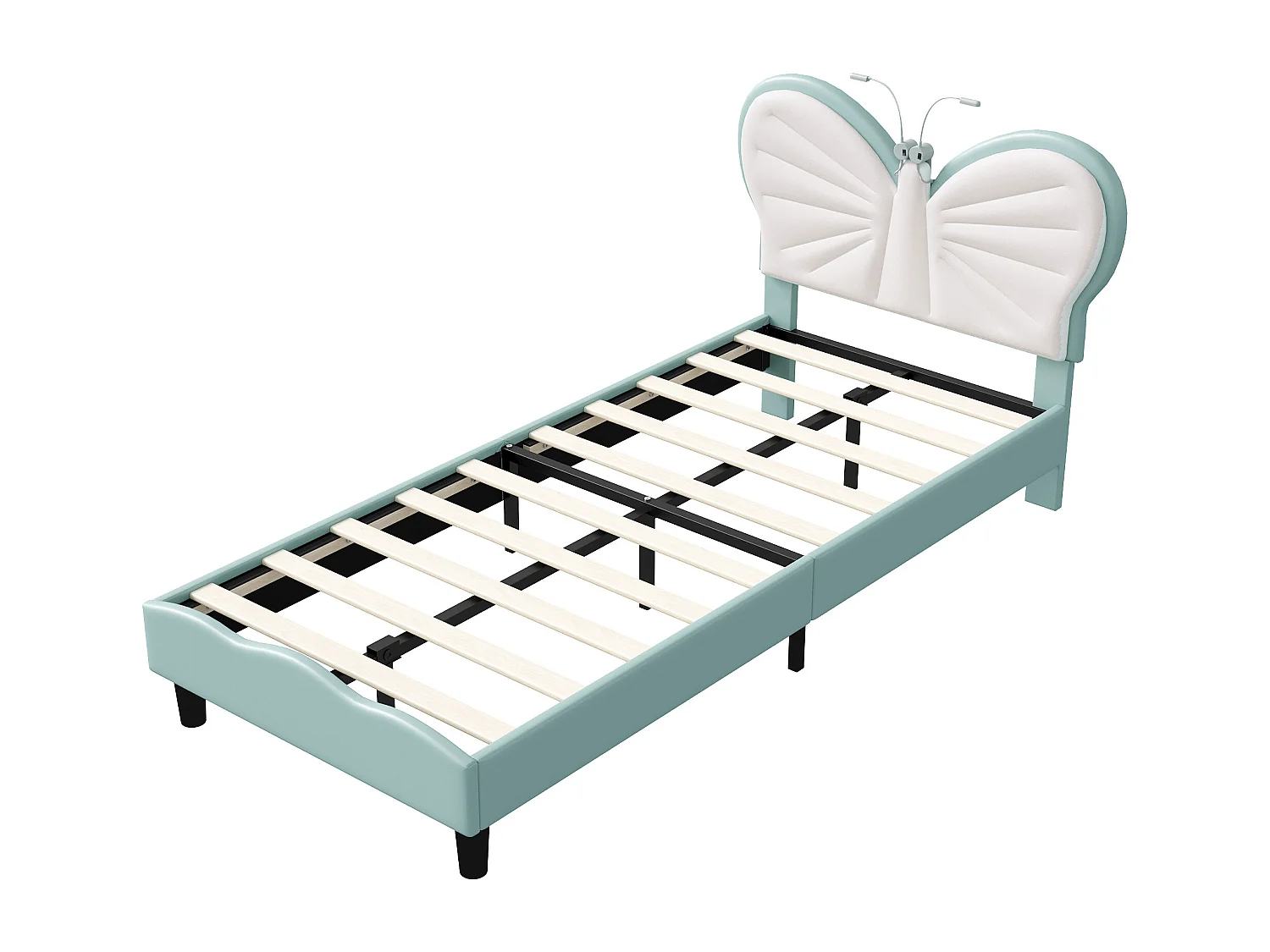 Papillon en forme de tête d'enfant lits avec LED lumières de lecture-90x200cm hauteur réglable PU cuir lit cadre-bleu blanc