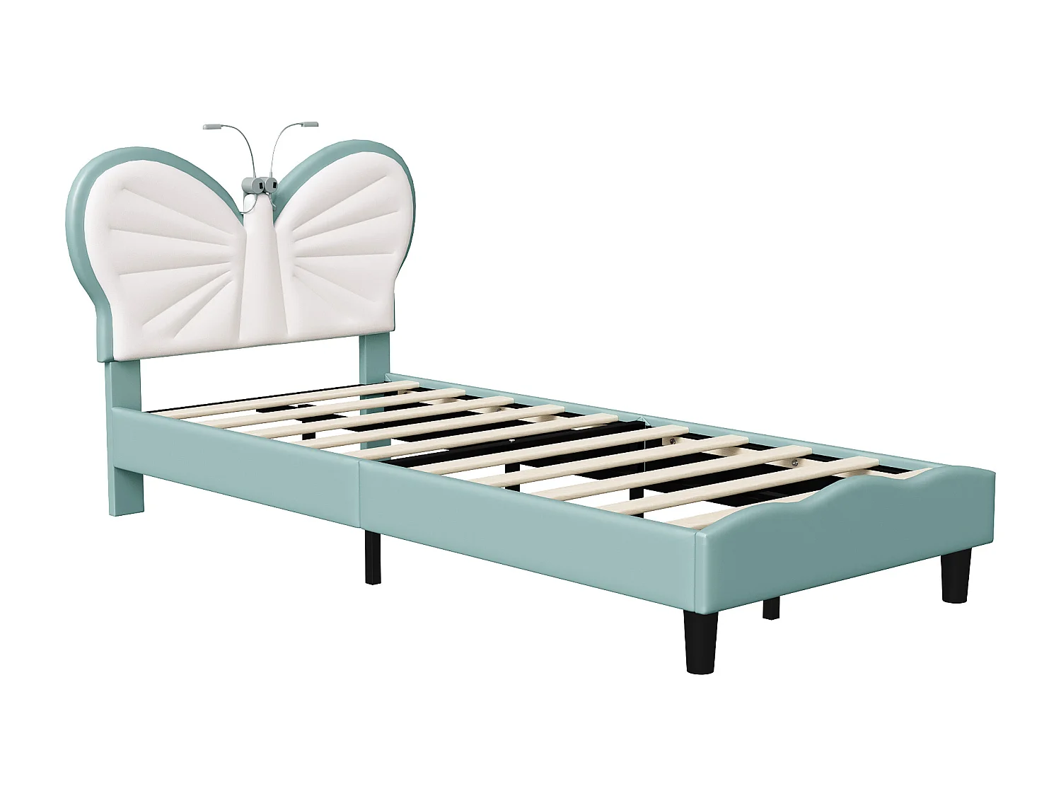 Papillon en forme de tête d'enfant lits avec LED lumières de lecture-90x200cm hauteur réglable PU cuir lit cadre-bleu blanc