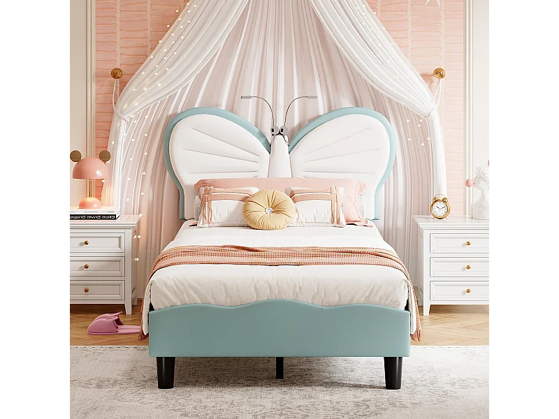 Papillon en forme de tête d'enfant lits avec LED lumières de lecture-90x200cm hauteur réglable PU cuir lit cadre-bleu blanc