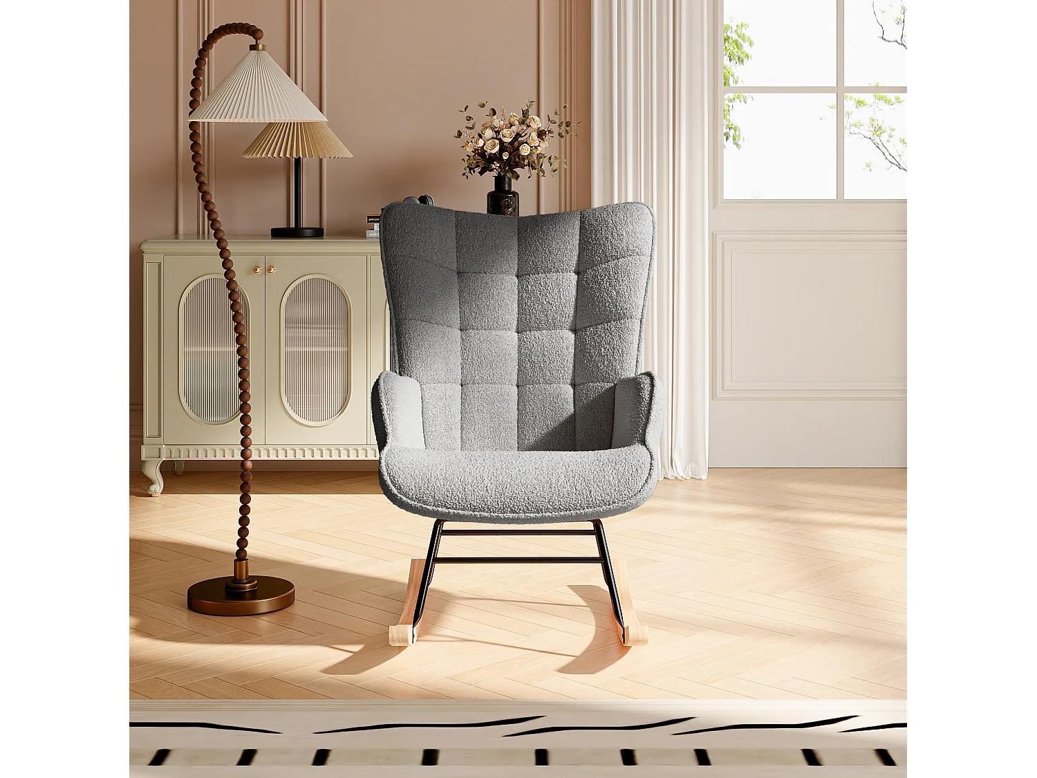 Fauteuil à bascule en tissu teddy capitonné, structure métal noir et pieds en bois - Gris foncé