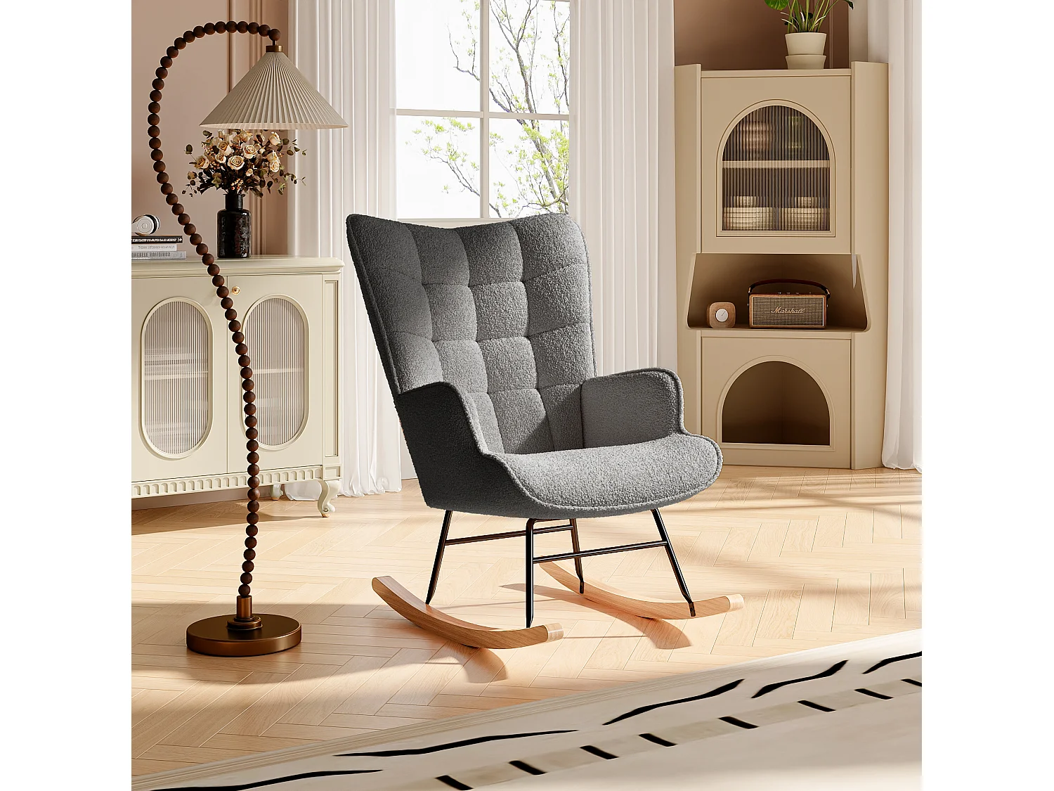 Fauteuil à bascule en tissu teddy capitonné, structure métal noir et pieds en bois - Gris foncé