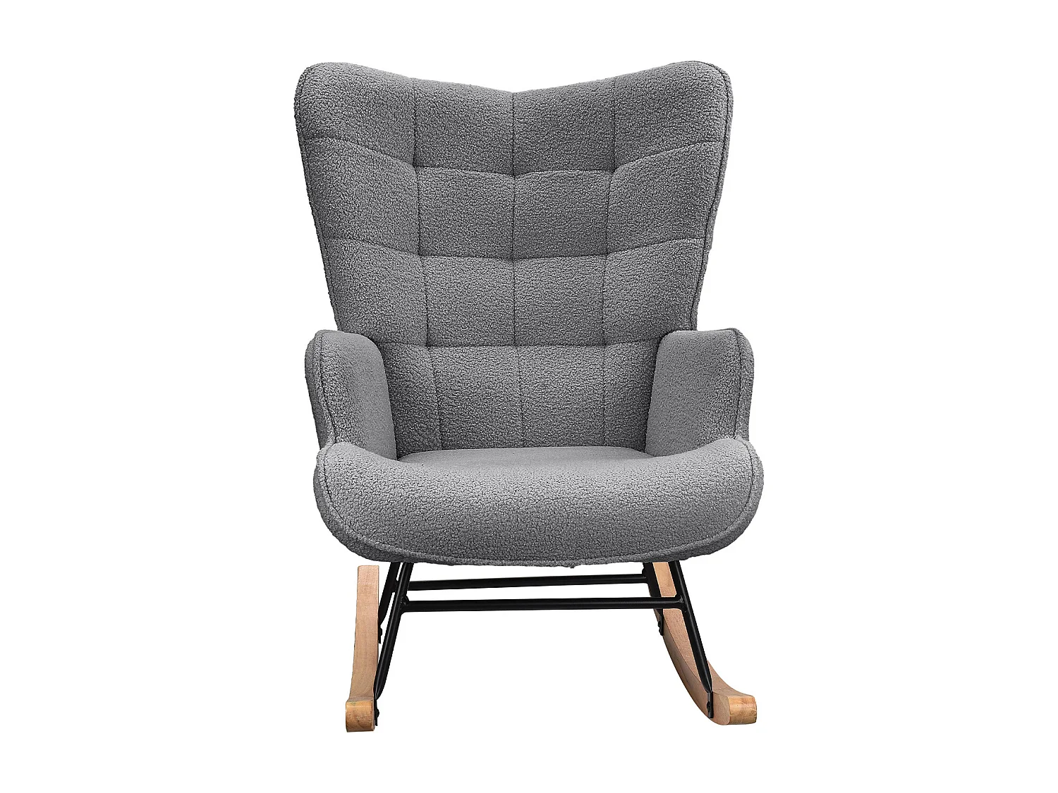 Fauteuil à bascule en tissu teddy capitonné, structure métal noir et pieds en bois - Gris foncé
