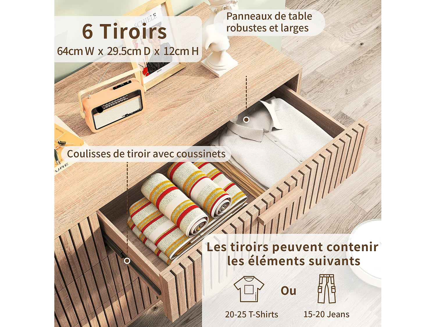 Armoires de salon avec 6 tiroirs - coffre de stockage en bois de campagne rétro - dresser de chambre