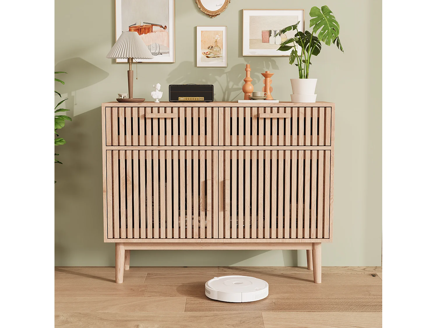 Cuisine Buffet avec 2 tiroirs et 2 portes - Couverture moderne avec jambe en bois massif, commode pour salle à manger couleur bois naturel