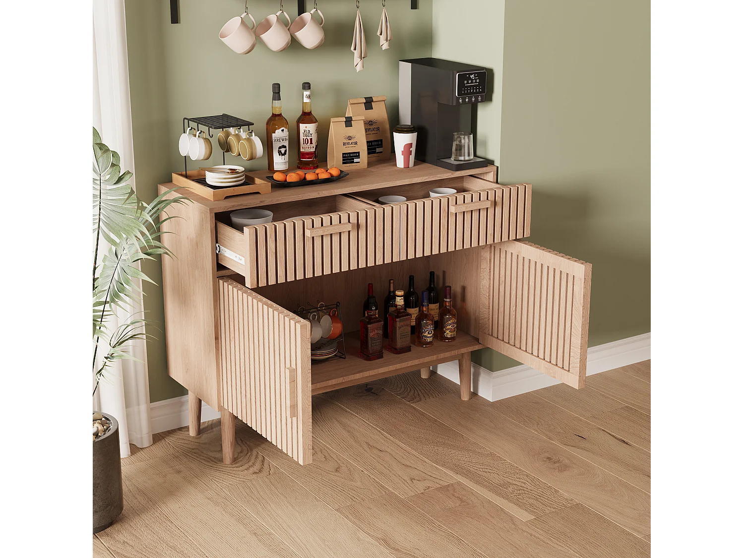 Cuisine Buffet avec 2 tiroirs et 2 portes - Couverture moderne avec jambe en bois massif, commode pour salle à manger couleur bois naturel