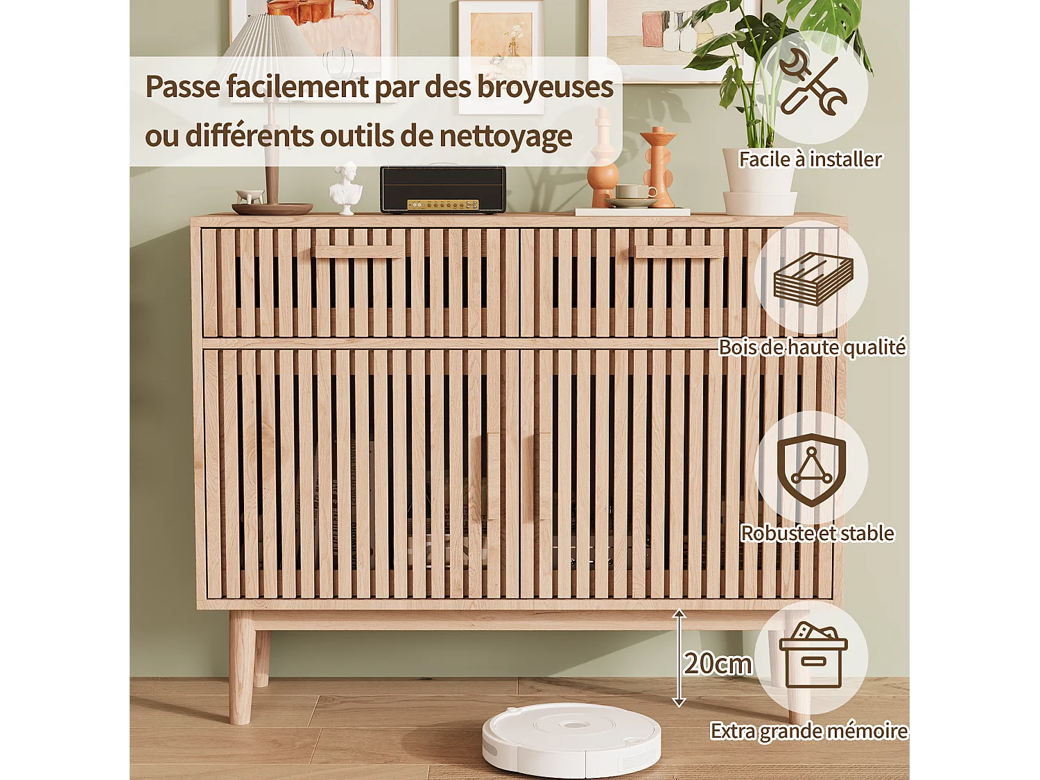 Cuisine Buffet avec 2 tiroirs et 2 portes - Couverture moderne avec jambe en bois massif, commode pour salle à manger couleur bois naturel