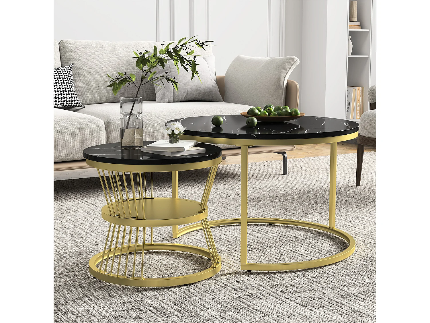 Ensemble De Tables Basses Empilables - Plateau Marbré Noir - Cadre Métal Doré - Style Moderne Luxueux