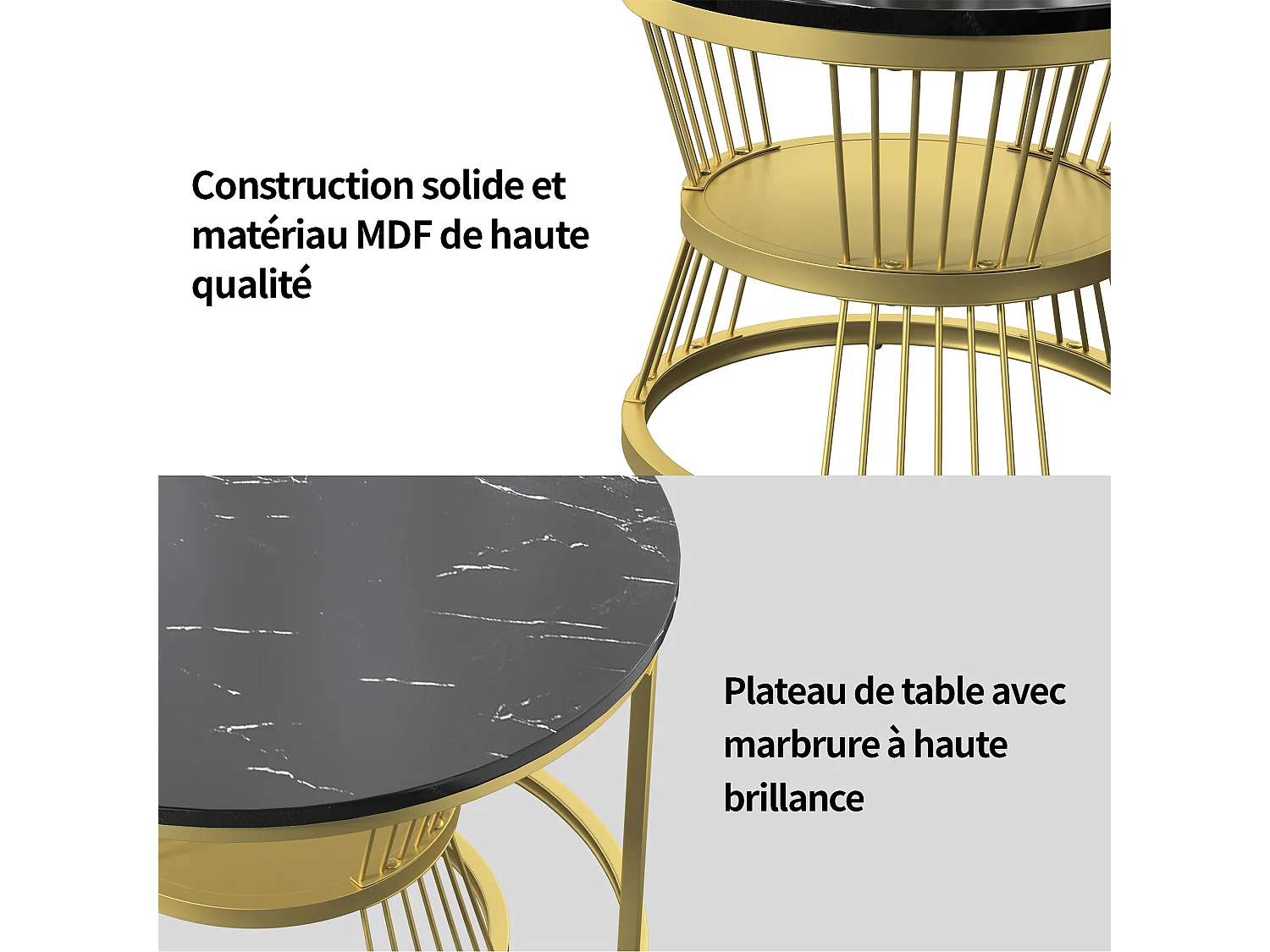 Ensemble De Tables Basses Empilables - Plateau Marbré Noir - Cadre Métal Doré - Style Moderne Luxueux