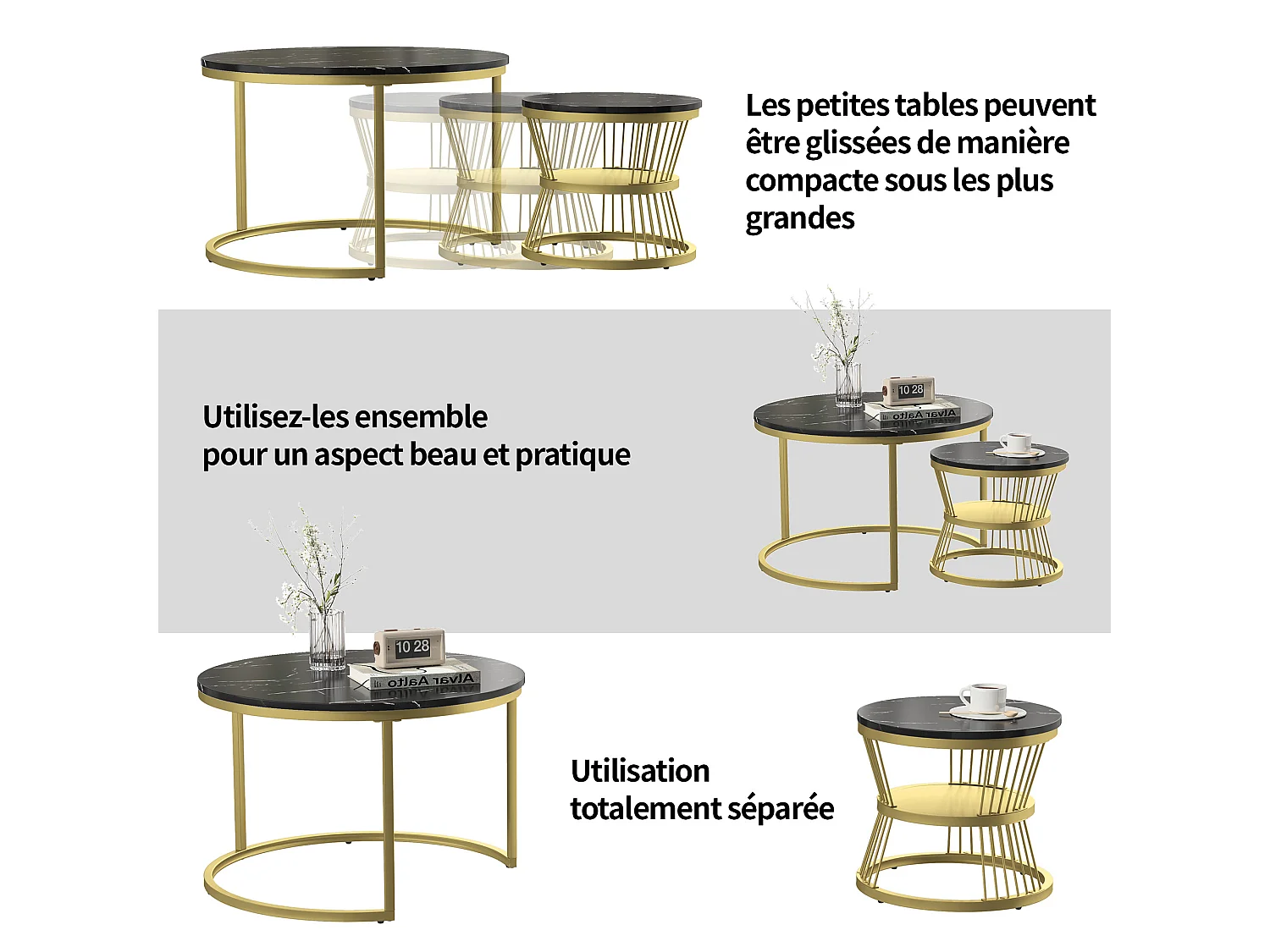 Runder Nesting Couchtisch-Set - 70 cm + 45 cm - Schwarzer Marmoreffekt