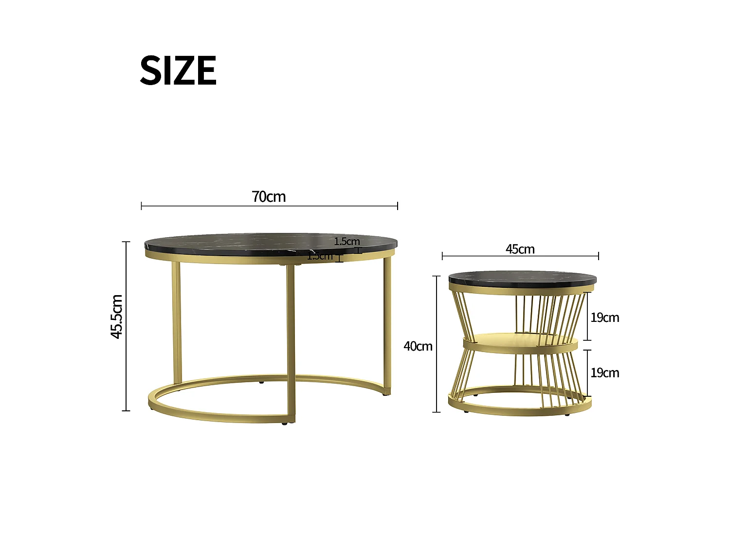 Runder Nesting Couchtisch-Set - 70 cm + 45 cm - Schwarzer Marmoreffekt