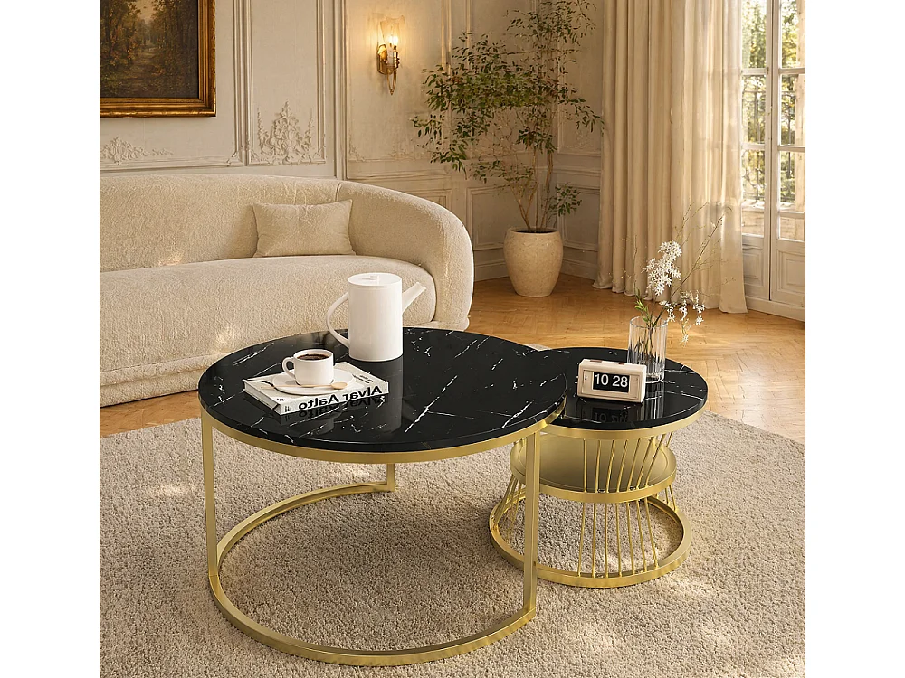 Runder Nesting Couchtisch-Set - 70 cm + 45 cm - Schwarzer Marmoreffekt