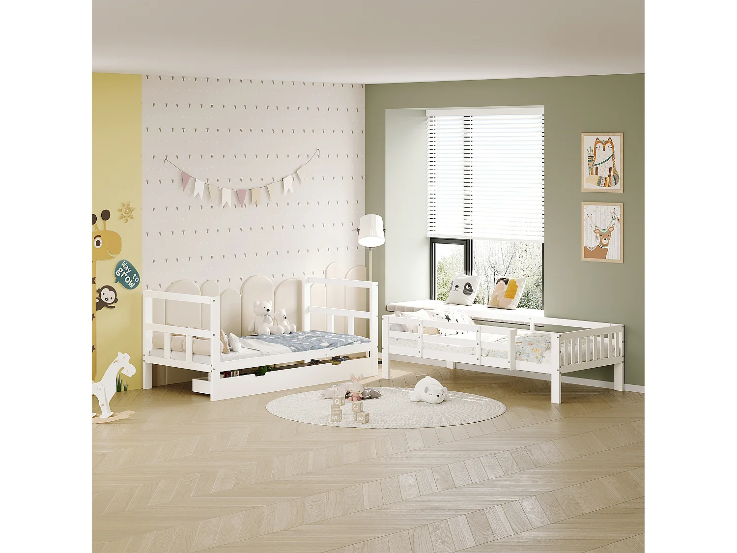 Lit superposé 90x200cm pour 2 personnes-Lit pour enfants avec 2 tiroirs et escaliers-Lit en bois massif avec protection contre les chutes pour enfants