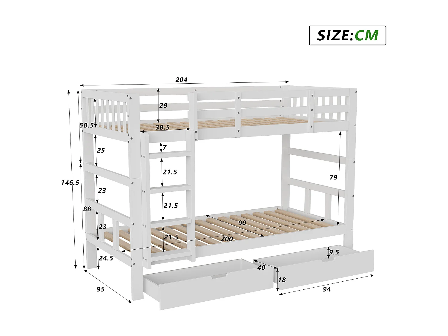 Lit superposé 90x200cm pour 2 personnes-Lit pour enfants avec 2 tiroirs et escaliers-Lit en bois massif avec protection contre les chutes pour enfants