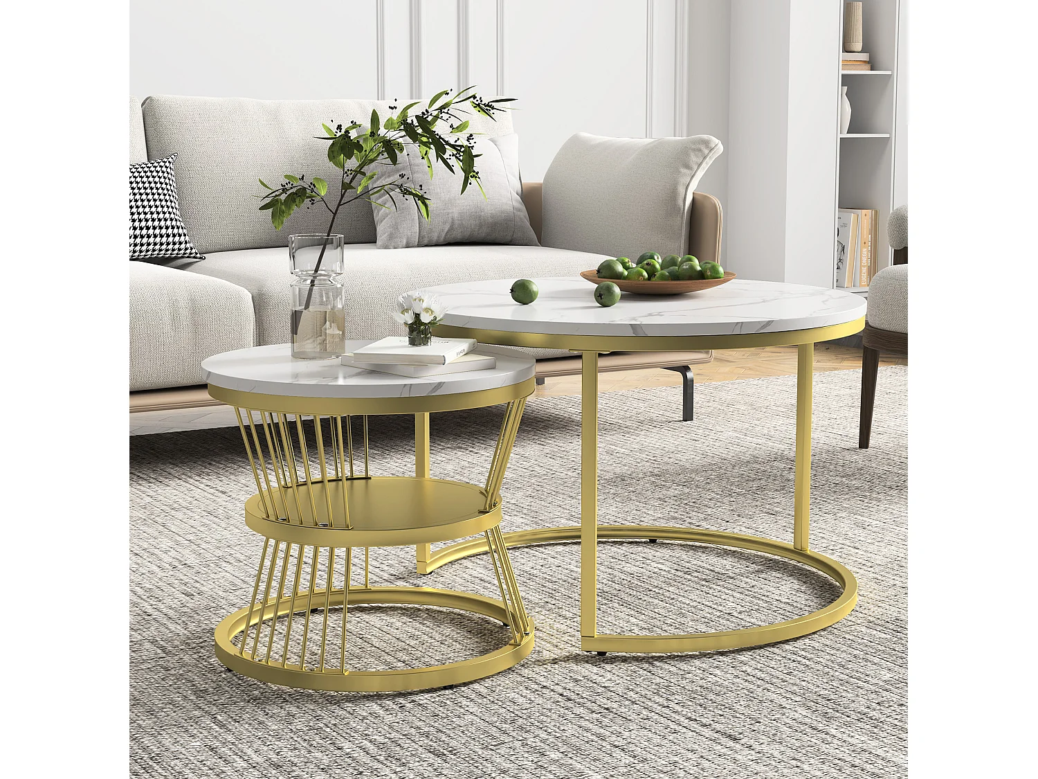 Ensemble De Tables Basses Empilables - Plateau Marbré Blanc - Cadre Métal Doré - Style Moderne Luxueux