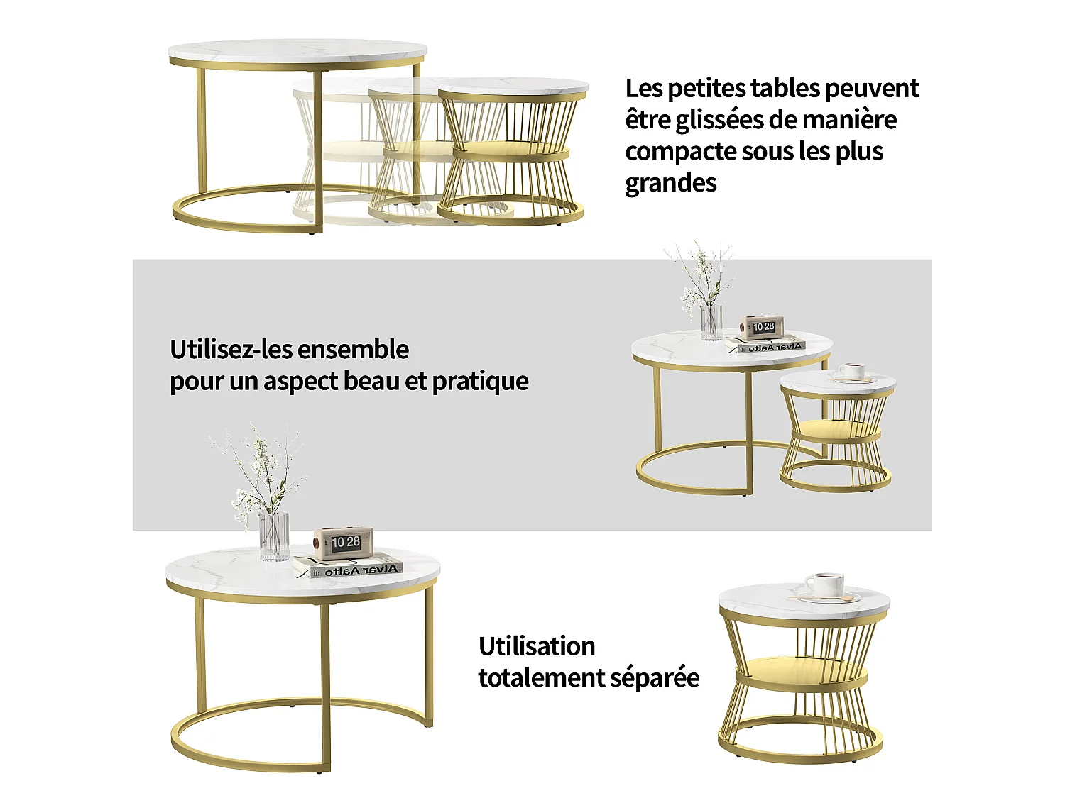 Table basse gigogne ronde - 70 cm + 45 cm - Blanc effet marbre