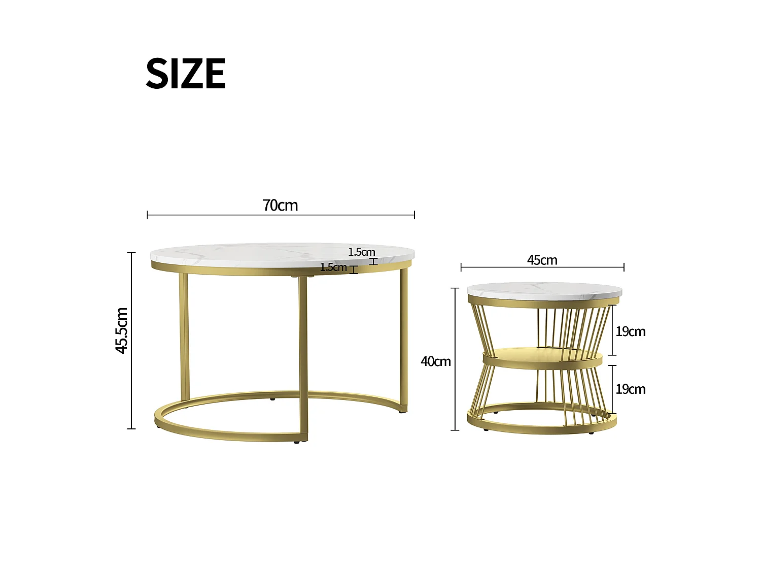 Table basse gigogne ronde - 70 cm + 45 cm - Blanc effet marbre