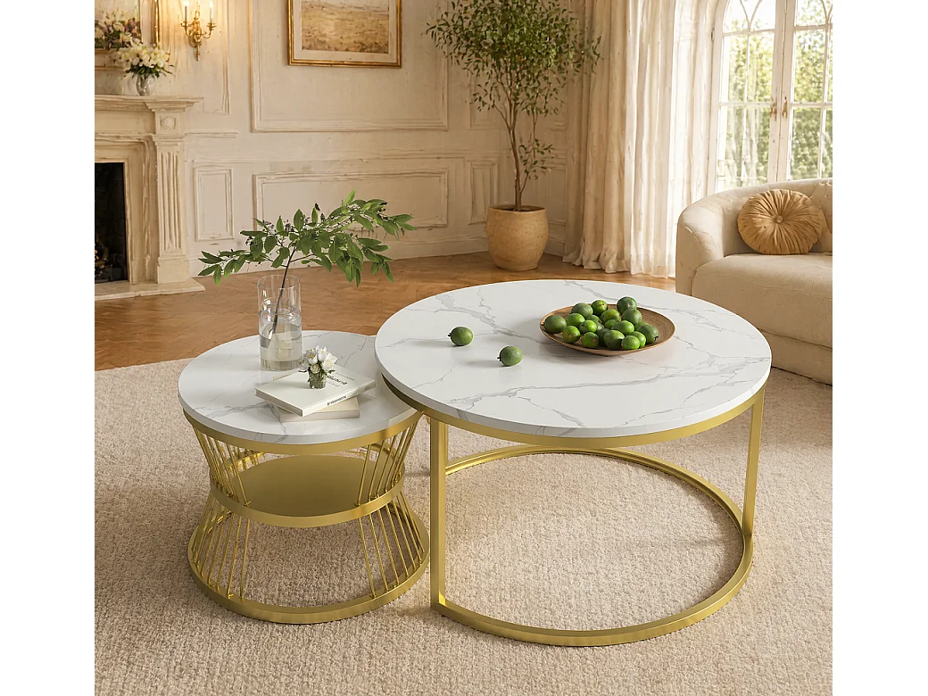 Table basse gigogne ronde - 70 cm + 45 cm - Blanc effet marbre