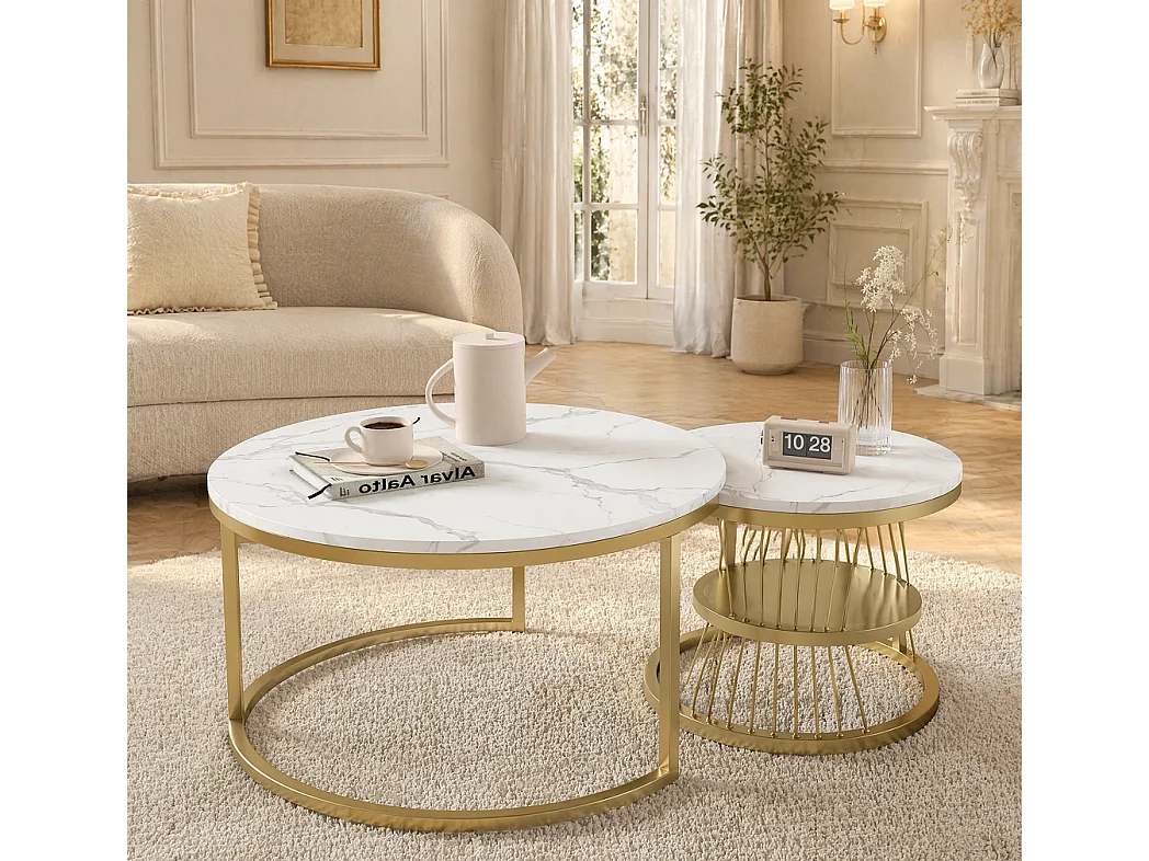 Table basse gigogne ronde - 70 cm + 45 cm - Blanc effet marbre