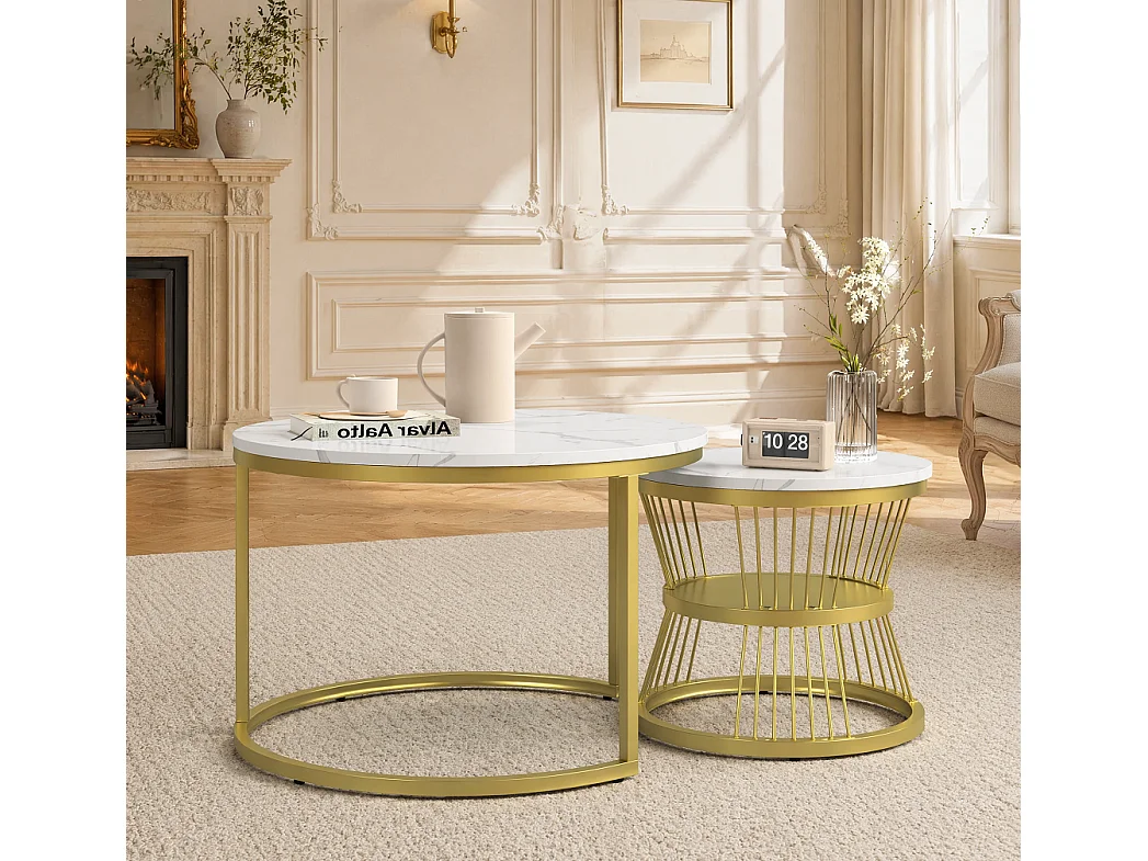 Table basse gigogne ronde - 70 cm + 45 cm - Blanc effet marbre