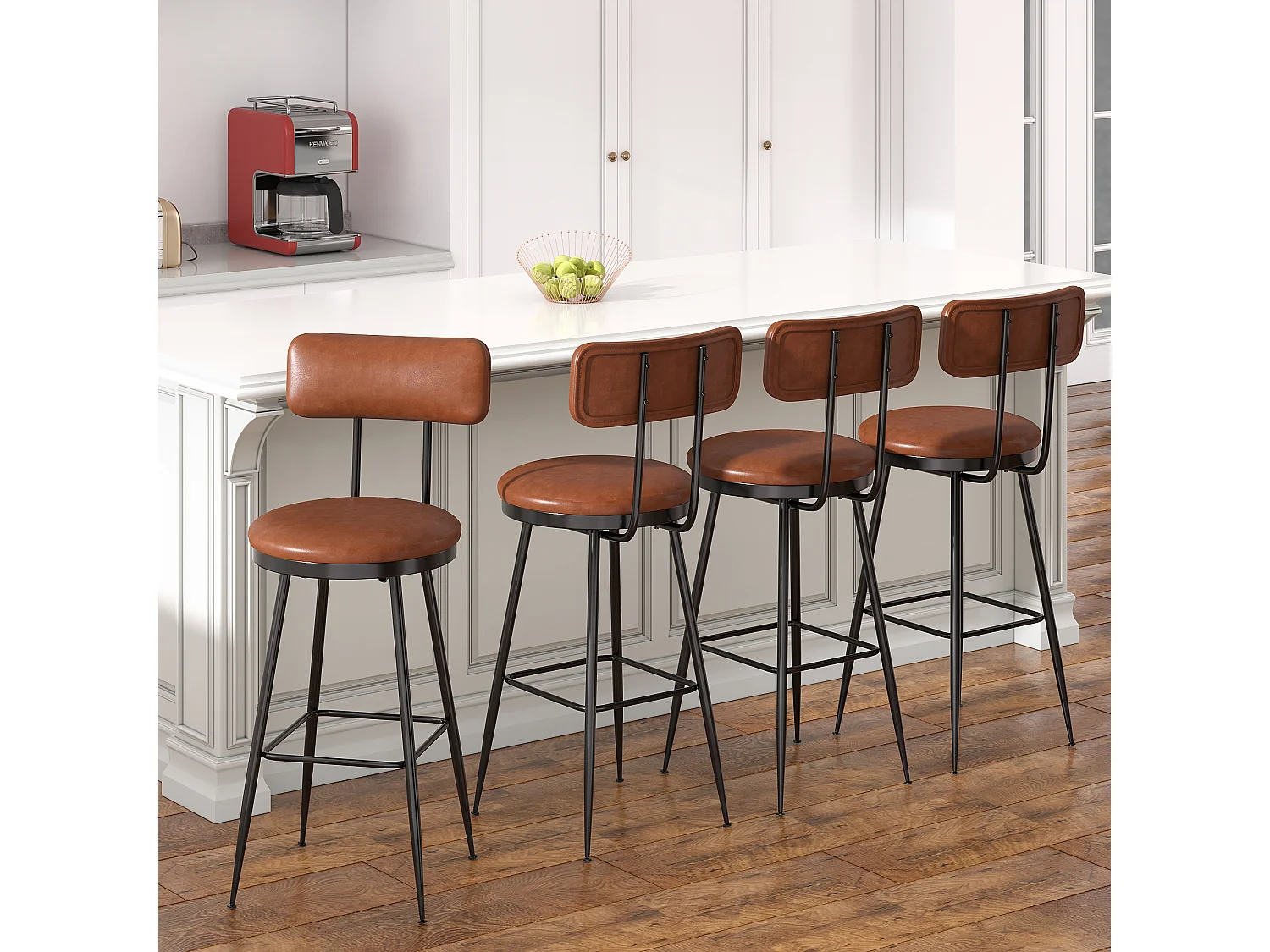 4pcs Tabourets de bar Set-haut arrière PU cuir Tabouret de bar-chaise haute chaises à manger avec des jambes métalliques antidérapantes Tabouret pour cuisine-marron