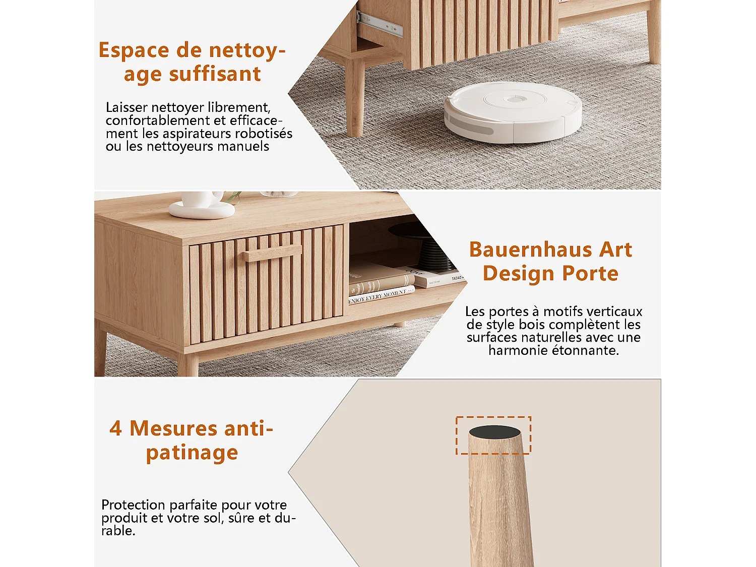 Tables en bois - Table basse avec tiroir et compartiment ouvert - Salon Table rectangulaire pour canapé - Style Boho rétro