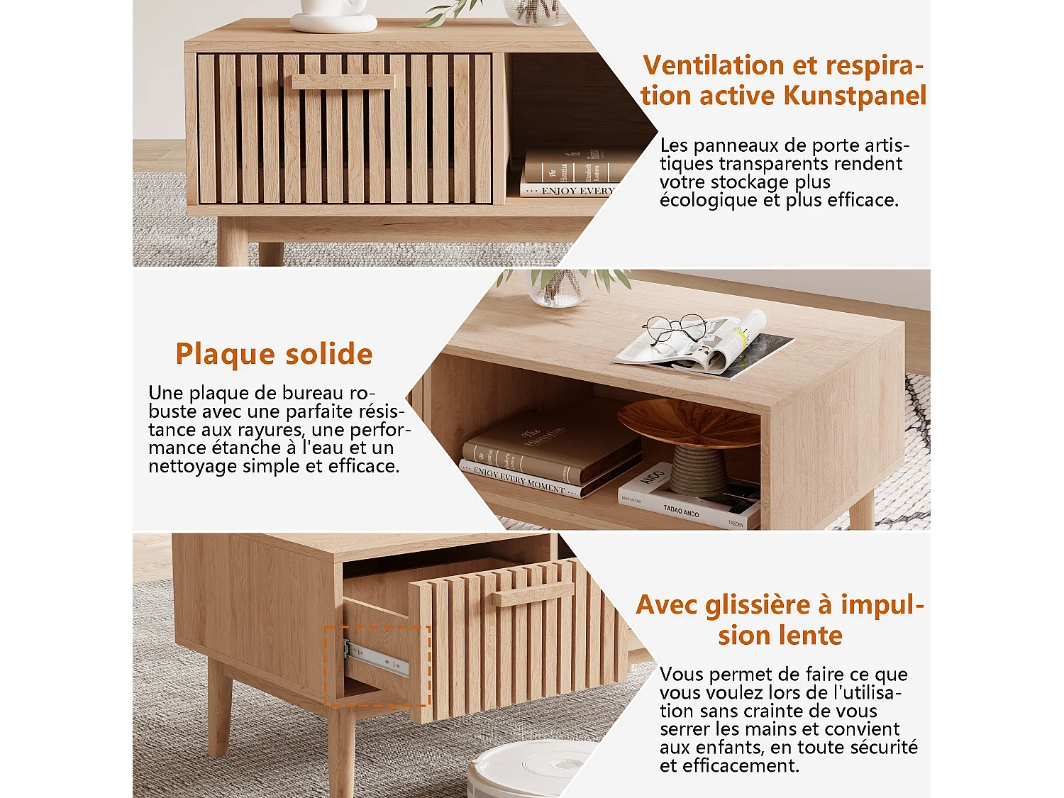 Tables en bois - Table basse avec tiroir et compartiment ouvert - Salon Table rectangulaire pour canapé - Style Boho rétro