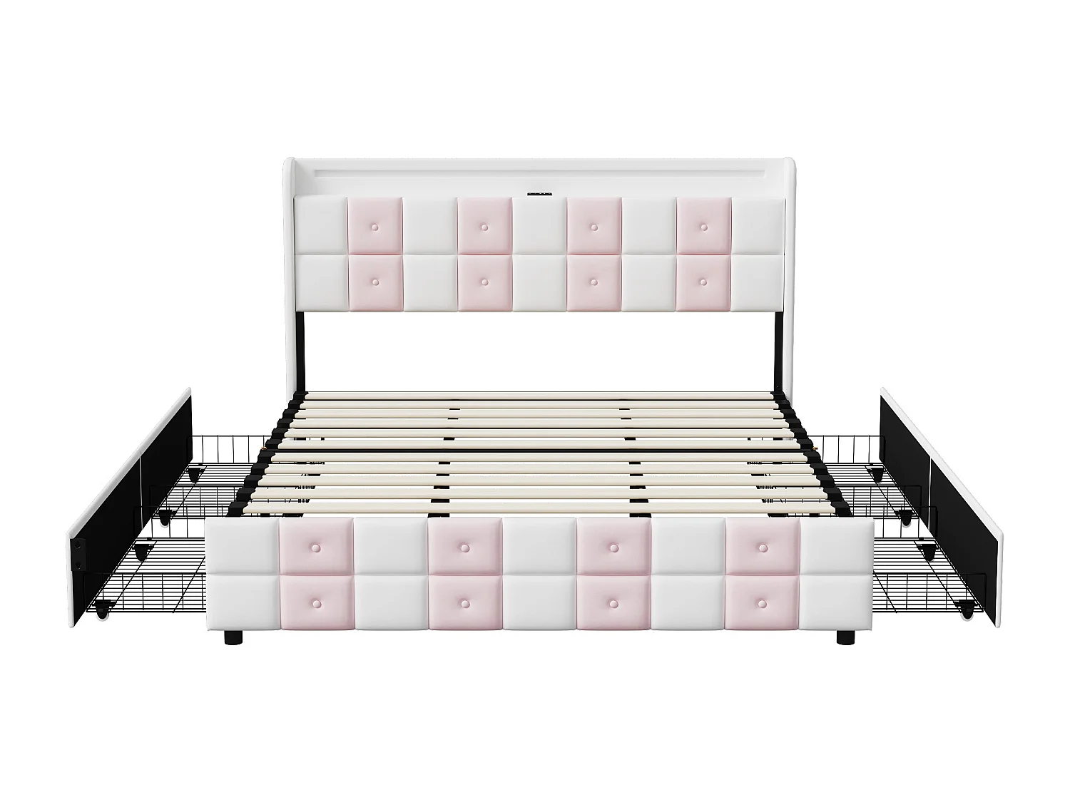 Struttura Letto Imbottita con Pannello Capitonné e Illuminazione LED RGB, Porte USB, Cassetti Spaziosi - Bianco/Rosa - Design Moderno