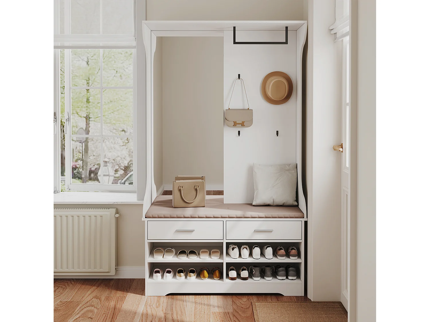 Cabideiro branco contemporâneo com espelho, banco e arrumação para sapatos, 4 ganchos, barra suspensa, 2 gavetas - 180x100x35 cm