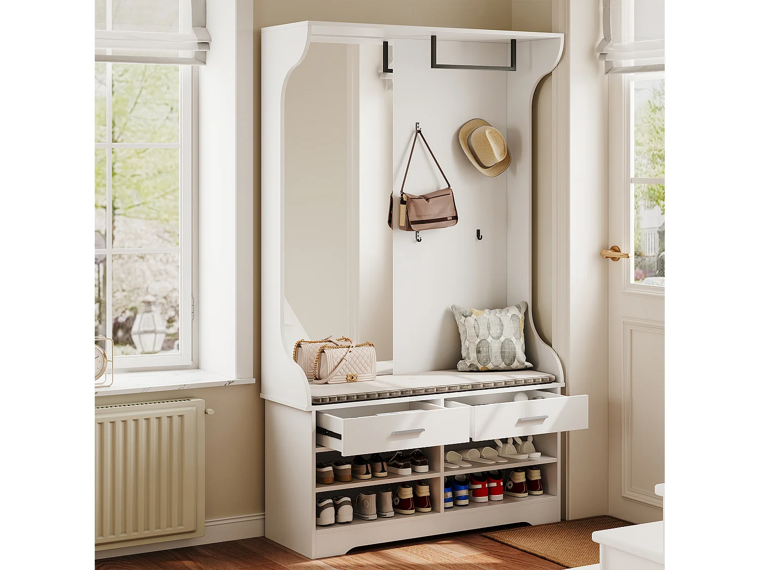 Cabideiro branco contemporâneo com espelho, banco e arrumação para sapatos, 4 ganchos, barra suspensa, 2 gavetas - 180x100x35 cm