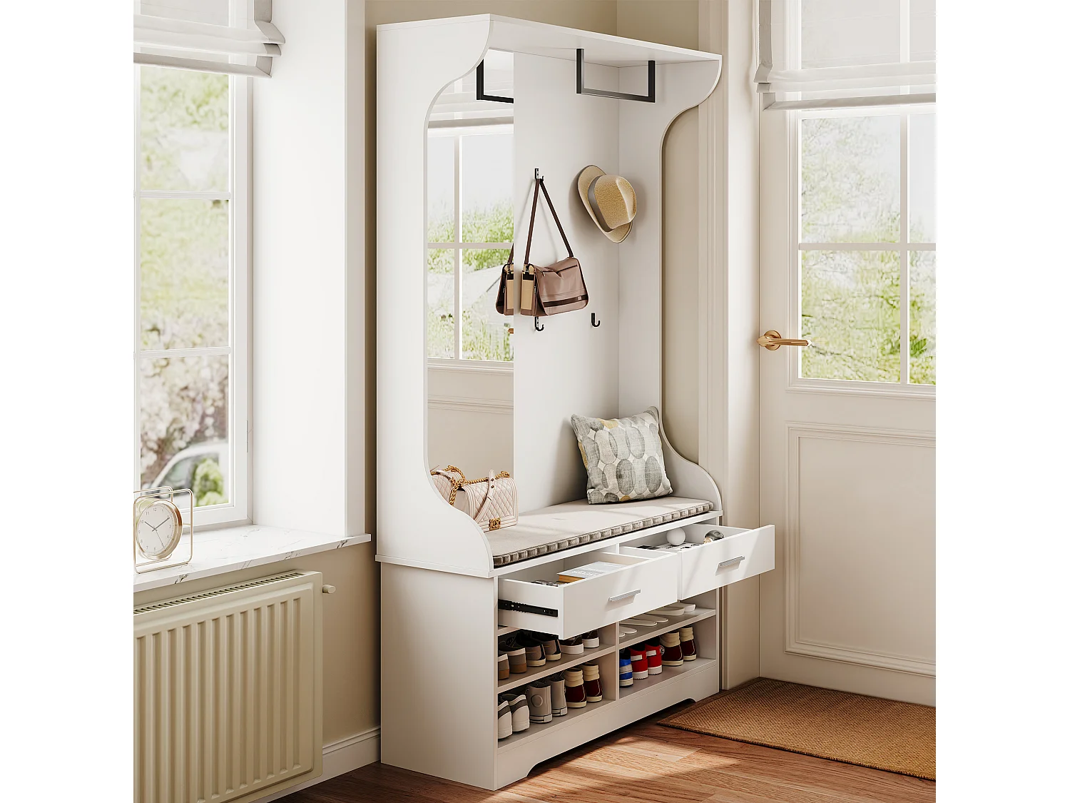Cabideiro branco contemporâneo com espelho, banco e arrumação para sapatos, 4 ganchos, barra suspensa, 2 gavetas - 180x100x35 cm