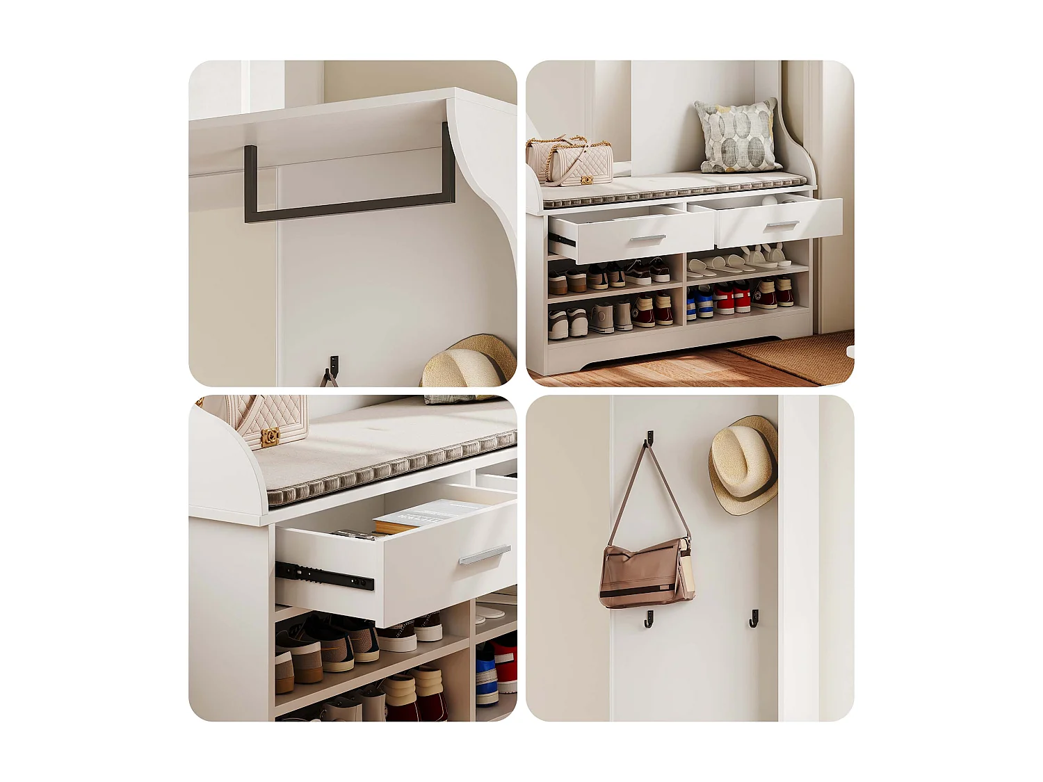 Cabideiro branco contemporâneo com espelho, banco e arrumação para sapatos, 4 ganchos, barra suspensa, 2 gavetas - 180x100x35 cm