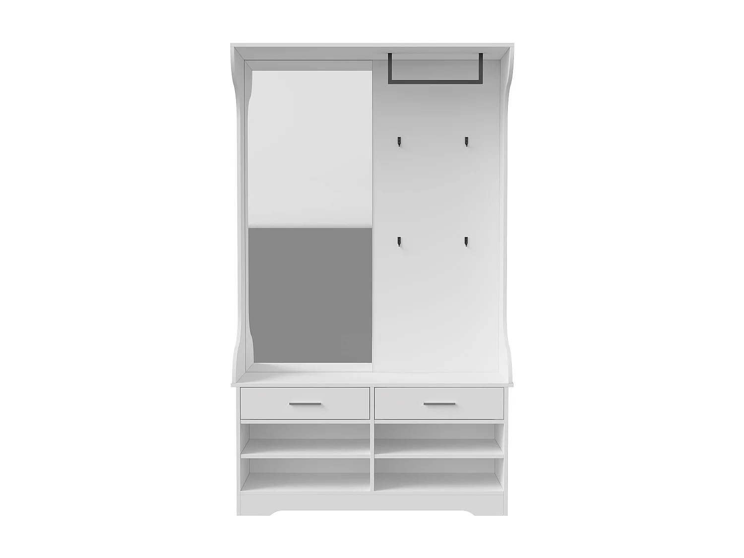 Cabideiro branco contemporâneo com espelho, banco e arrumação para sapatos, 4 ganchos, barra suspensa, 2 gavetas - 180x100x35 cm