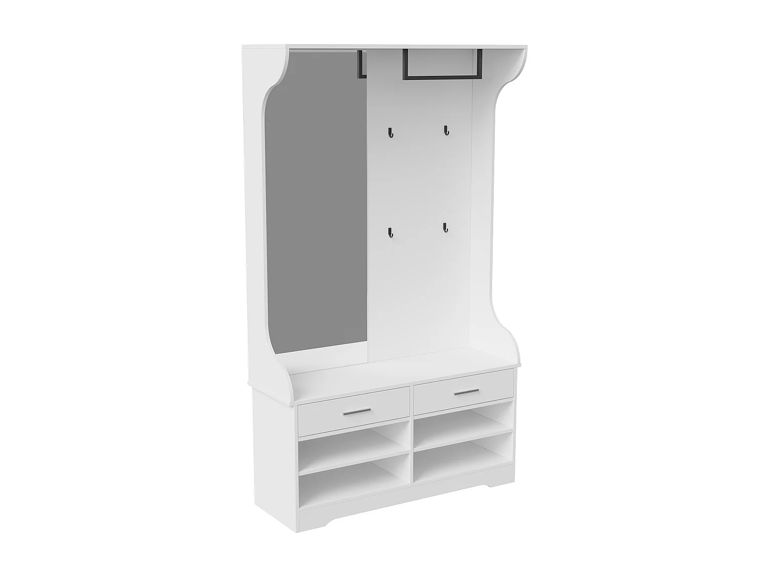 Cabideiro branco contemporâneo com espelho, banco e arrumação para sapatos, 4 ganchos, barra suspensa, 2 gavetas - 180x100x35 cm