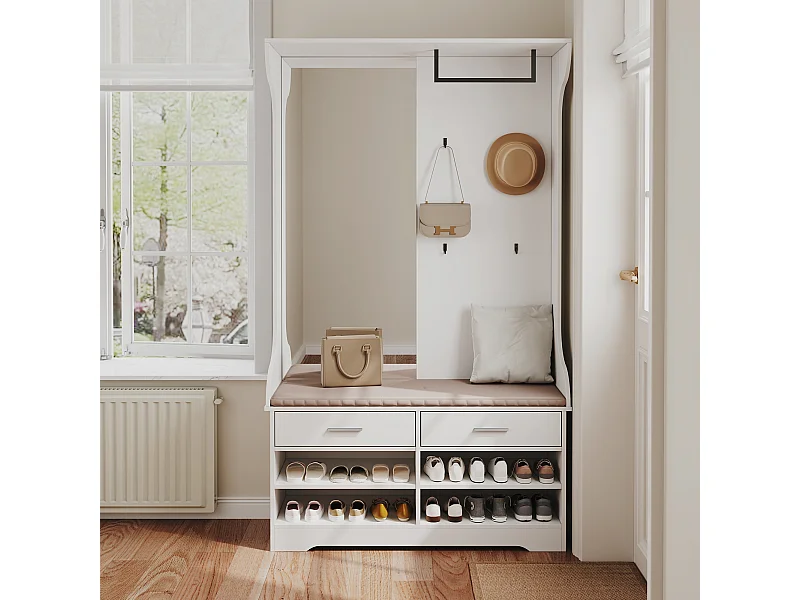 Support de manteau avec banc de chaussures et stockage de chaussures, porte-manteaux multifonctionnel avec miroir et crochet de manteau 4 et tige suspendue et 2 tir