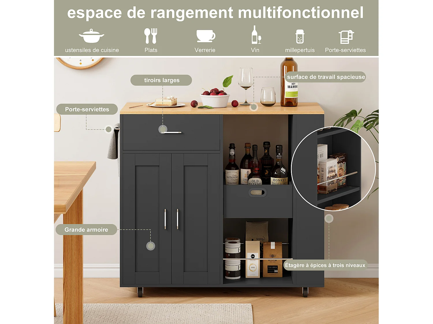 Chariot de cuisine avec tiroir et étagère ouverte et étagère latérale-armoire de cuisine et chariot de service sur roues-maison Sideboard-noir
