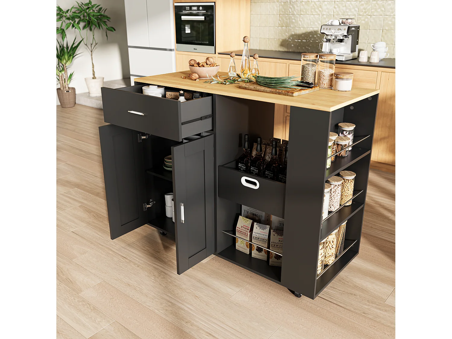 Chariot de cuisine avec tiroir et étagère ouverte et étagère latérale-armoire de cuisine et chariot de service sur roues-maison Sideboard-noir